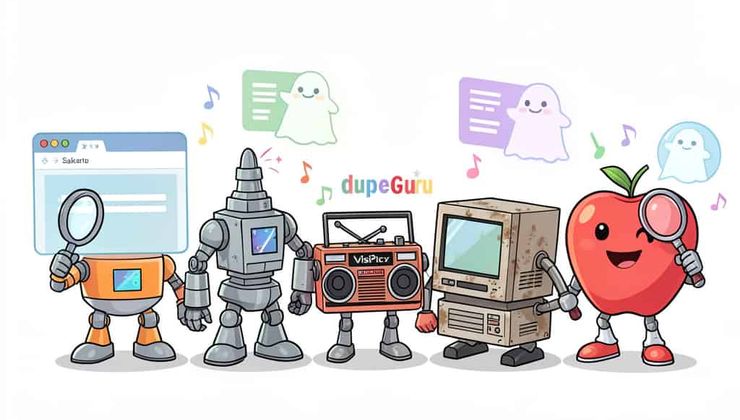 Comparison of duplicate file finder interfaces Sakarto, Czkawka, dupeGuru, VisiPics, and CleanMyMac X